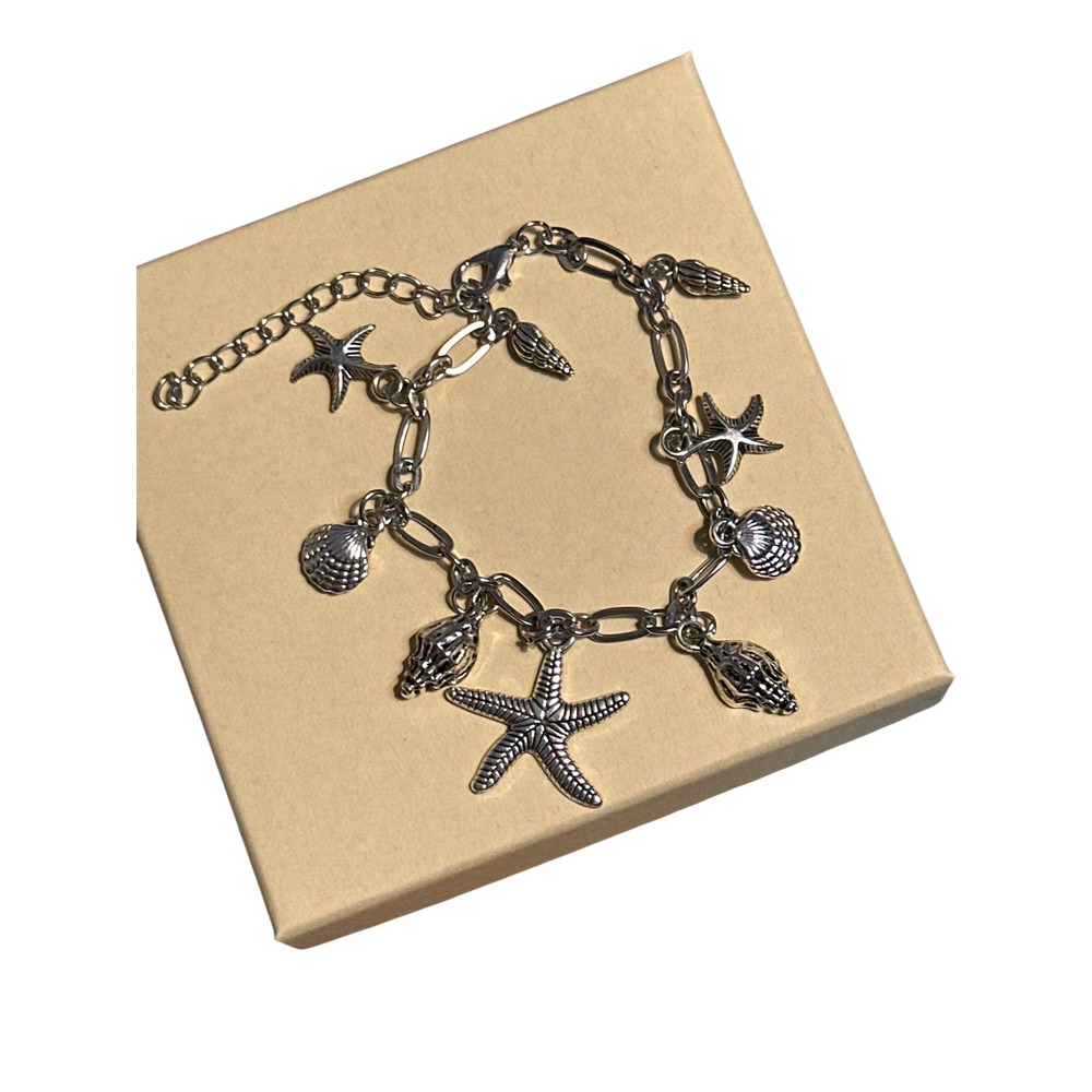 Silver Tone Starfish Seashell Charm Bracelet Coastal Nautical Beach Jewelry